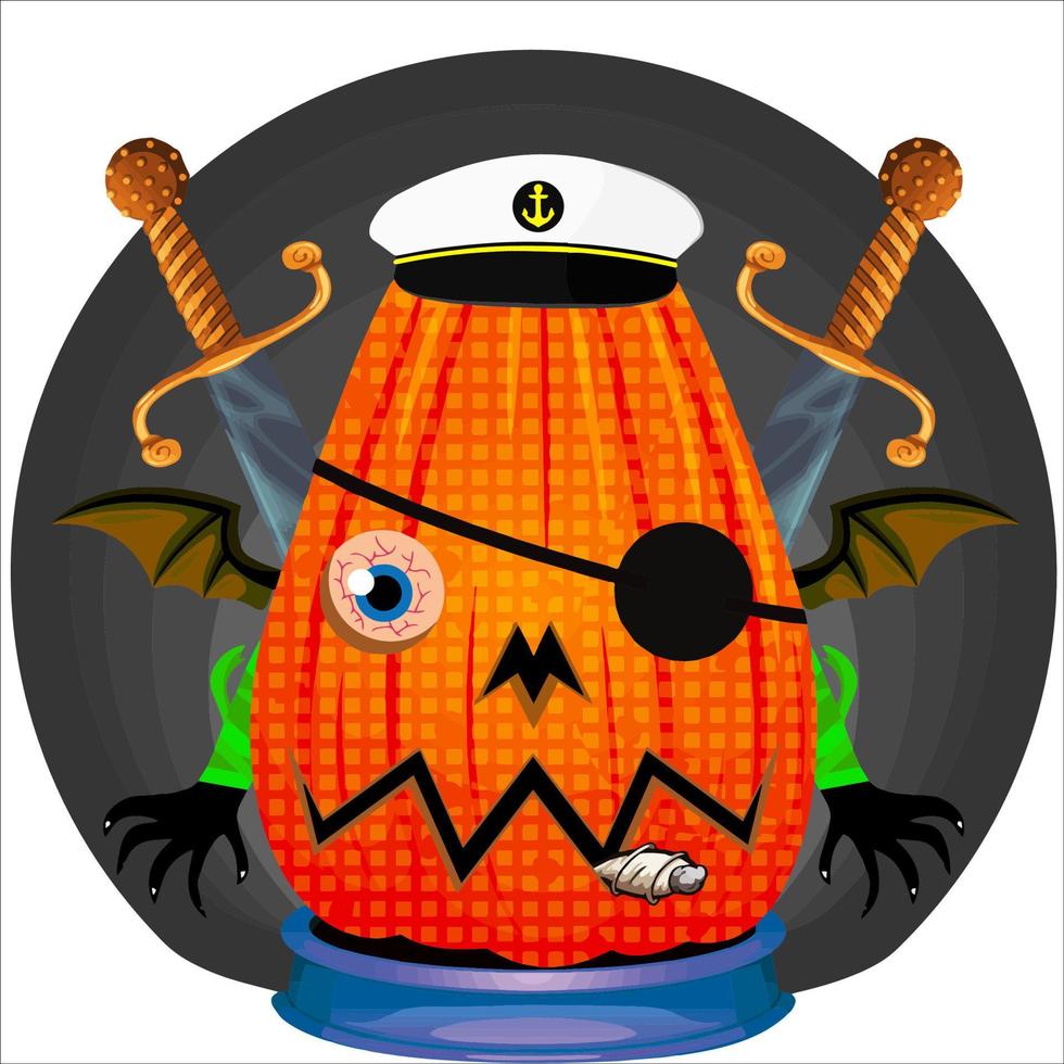 fiesta espeluznante cabeza de calabaza de halloween. cara de calabaza con arma en la espalda. adecuado para el logotipo del deporte electrónico, la camiseta y otras cosas impresas. vector