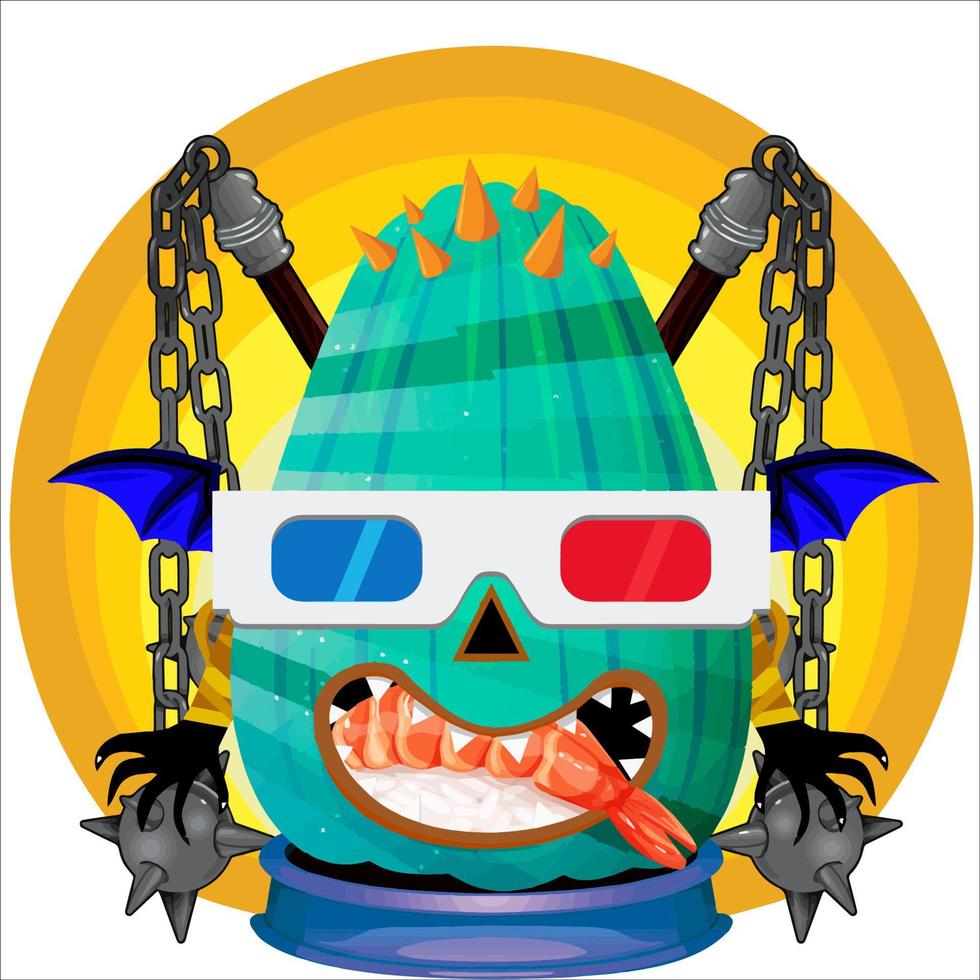 fiesta espeluznante cabeza de calabaza de halloween. cara de calabaza con arma en la espalda. adecuado para el logotipo del deporte electrónico, la camiseta y otras cosas impresas. vector