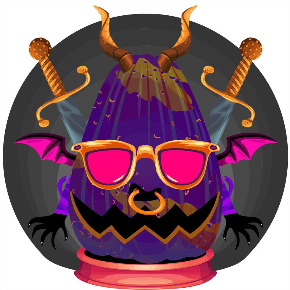 fiesta espeluznante cabeza de calabaza de halloween. cara de calabaza con arma en la espalda. adecuado para el logotipo del deporte electrónico, la camiseta y otras cosas impresas. vector