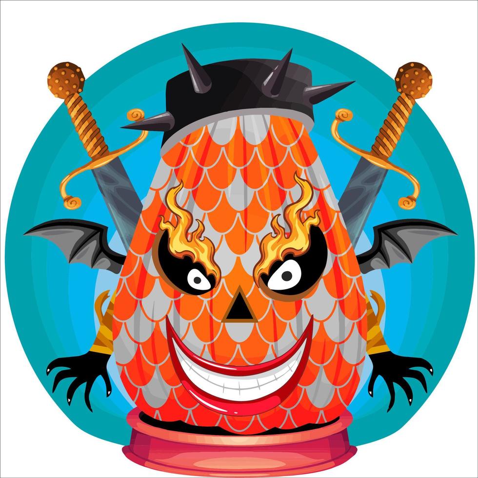 Creepy Party Halloween Pumpkin Head. Pumpkin Face with Weapon in the Behind. Suitable for E Sport Logo, T-Shirt and Others Print Stuff. vector