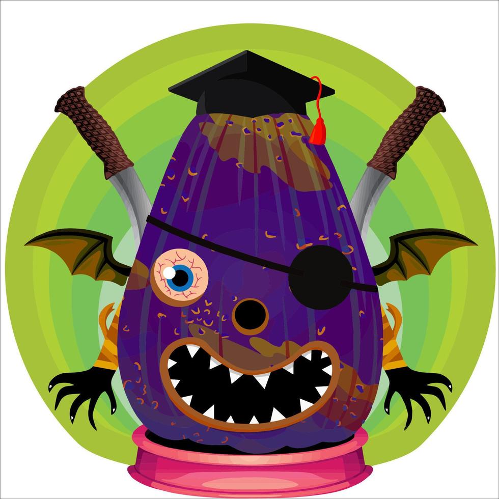 Creepy Party Halloween Pumpkin Head. Pumpkin Face with Weapon in the Behind. Suitable for E Sport Logo, T-Shirt and Others Print Stuff. vector