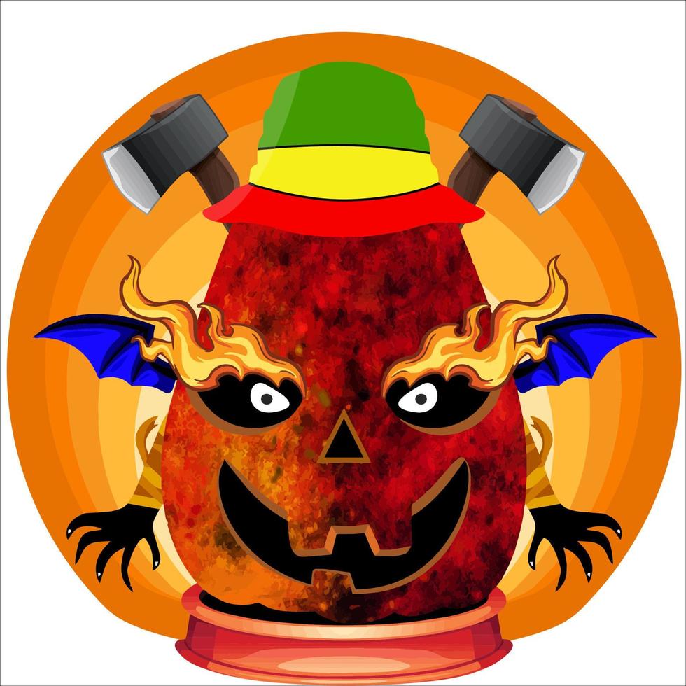 fiesta espeluznante cabeza de calabaza de halloween. cara de calabaza con arma en la espalda. adecuado para el logotipo del deporte electrónico, la camiseta y otras cosas impresas. vector