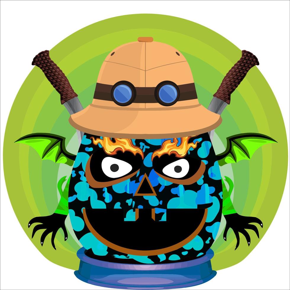 fiesta espeluznante cabeza de calabaza de halloween. cara de calabaza con arma en la espalda. adecuado para el logotipo del deporte electrónico, la camiseta y otras cosas impresas. vector