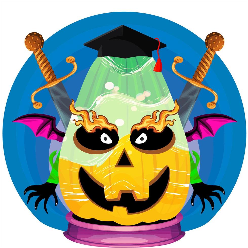 fiesta espeluznante cabeza de calabaza de halloween. cara de calabaza con arma en la espalda. adecuado para el logotipo del deporte electrónico, la camiseta y otras cosas impresas. vector