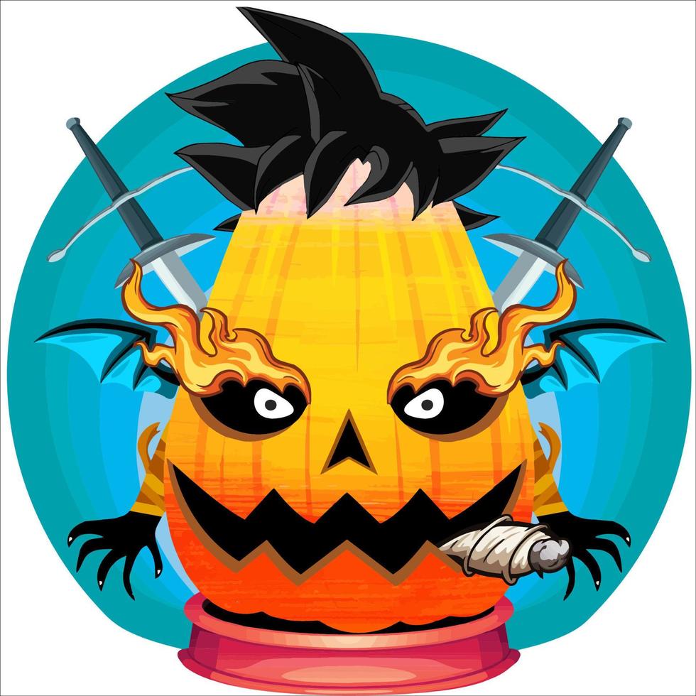 Creepy Party Halloween Pumpkin Head. Pumpkin Face with Weapon in the Behind. Suitable for E Sport Logo, T-Shirt and Others Print Stuff. vector