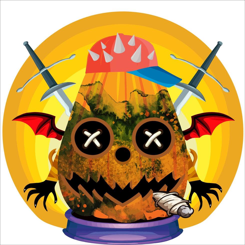 fiesta espeluznante cabeza de calabaza de halloween. cara de calabaza con arma en la espalda. adecuado para el logotipo del deporte electrónico, la camiseta y otras cosas impresas. vector