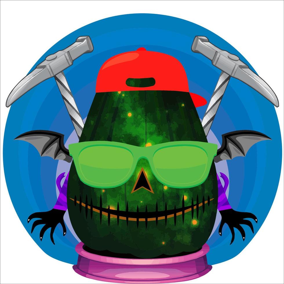 Creepy Party Halloween Pumpkin Head. Pumpkin Face with Weapon in the Behind. Suitable for E Sport Logo, T-Shirt and Others Print Stuff. vector