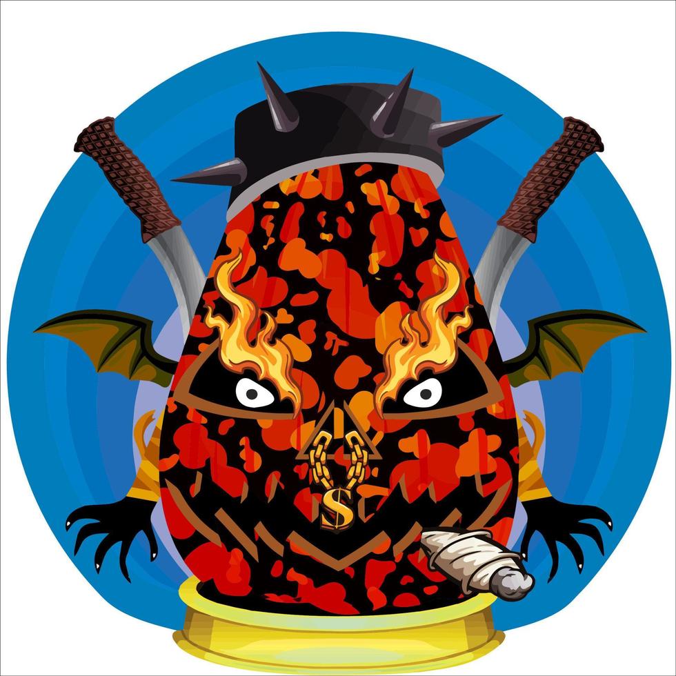 fiesta espeluznante cabeza de calabaza de halloween. cara de calabaza con arma en la espalda. adecuado para el logotipo del deporte electrónico, la camiseta y otras cosas impresas. vector