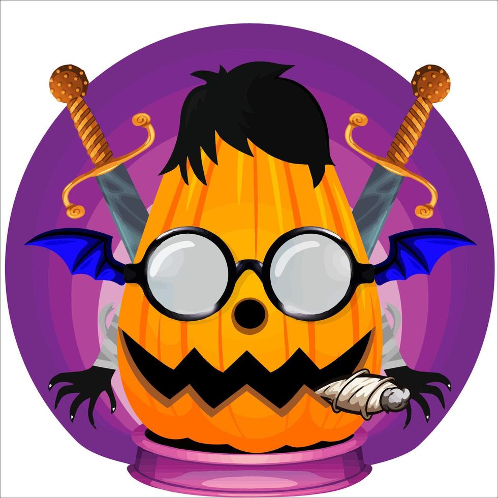 fiesta espeluznante cabeza de calabaza de halloween con arma en la parte de atrás. cara de calabaza de halloween. adecuado para el logotipo de e sport, camiseta y otros vector