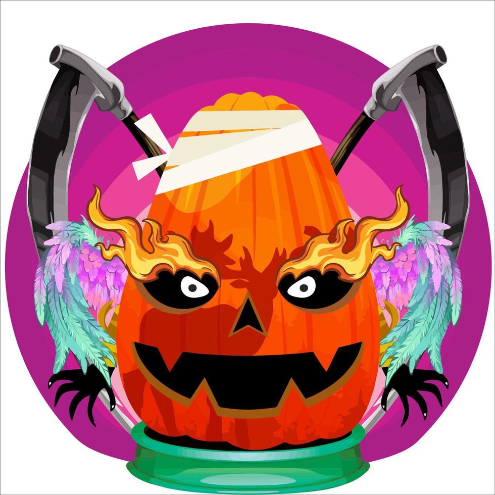 fiesta espeluznante cabeza de calabaza de halloween. cara de calabaza con arma en la espalda. adecuado para el logotipo del deporte electrónico, la camiseta y otras cosas impresas. vector