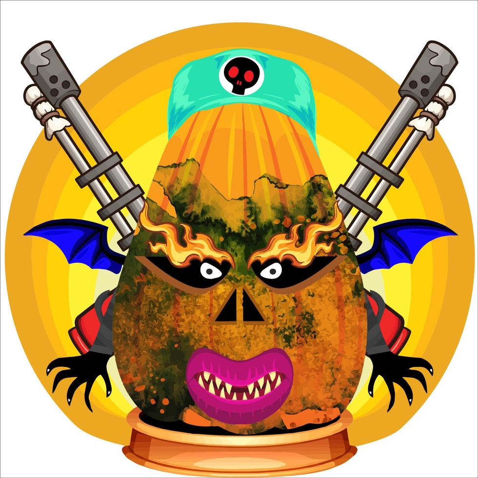 fiesta espeluznante cabeza de calabaza de halloween con arma en la parte de atrás. cara de calabaza de halloween. adecuado para el logotipo de e sport, camiseta y otros vector