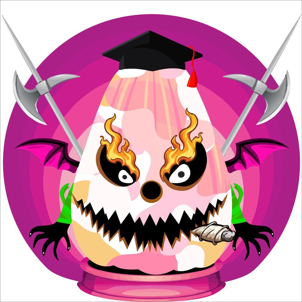 fiesta espeluznante cabeza de calabaza de halloween. cara de calabaza con arma en la espalda. adecuado para el logotipo del deporte electrónico, la camiseta y otras cosas impresas. vector