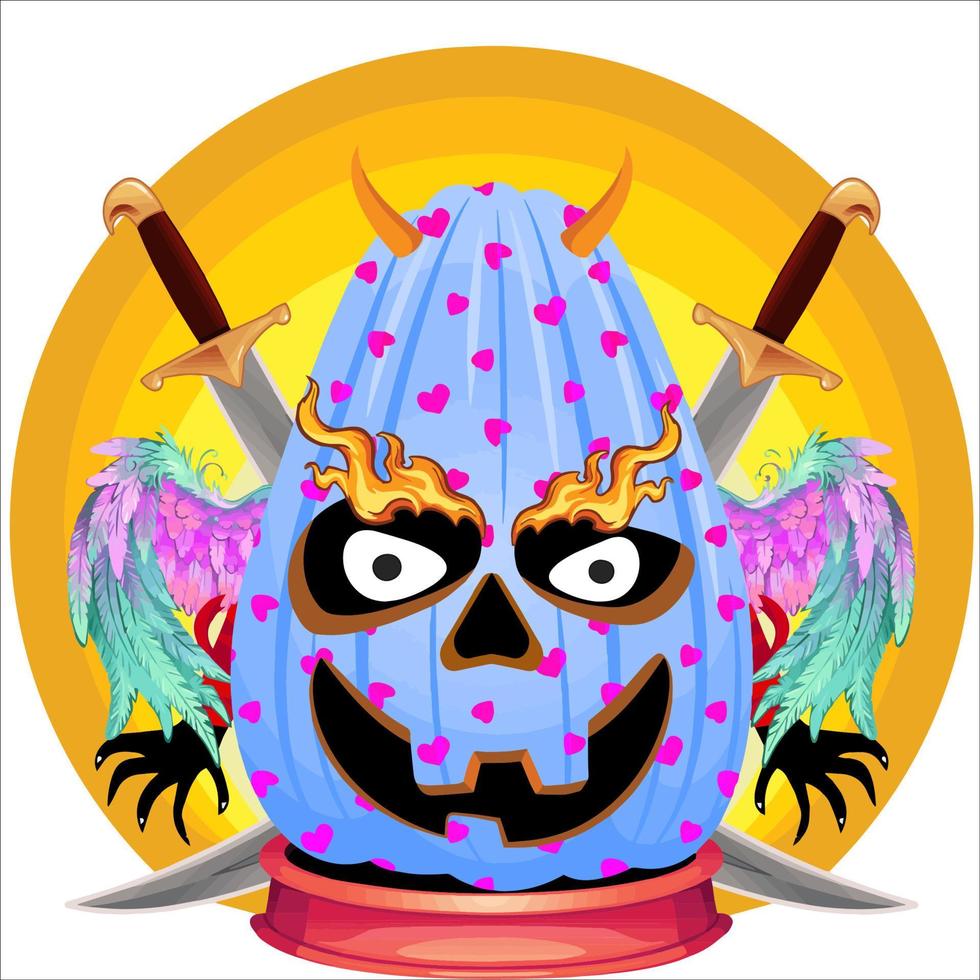 Creepy Party Halloween Pumpkin Head. Pumpkin Face with Weapon in the Behind. Suitable for E Sport Logo, T-Shirt and Others Print Stuff. vector