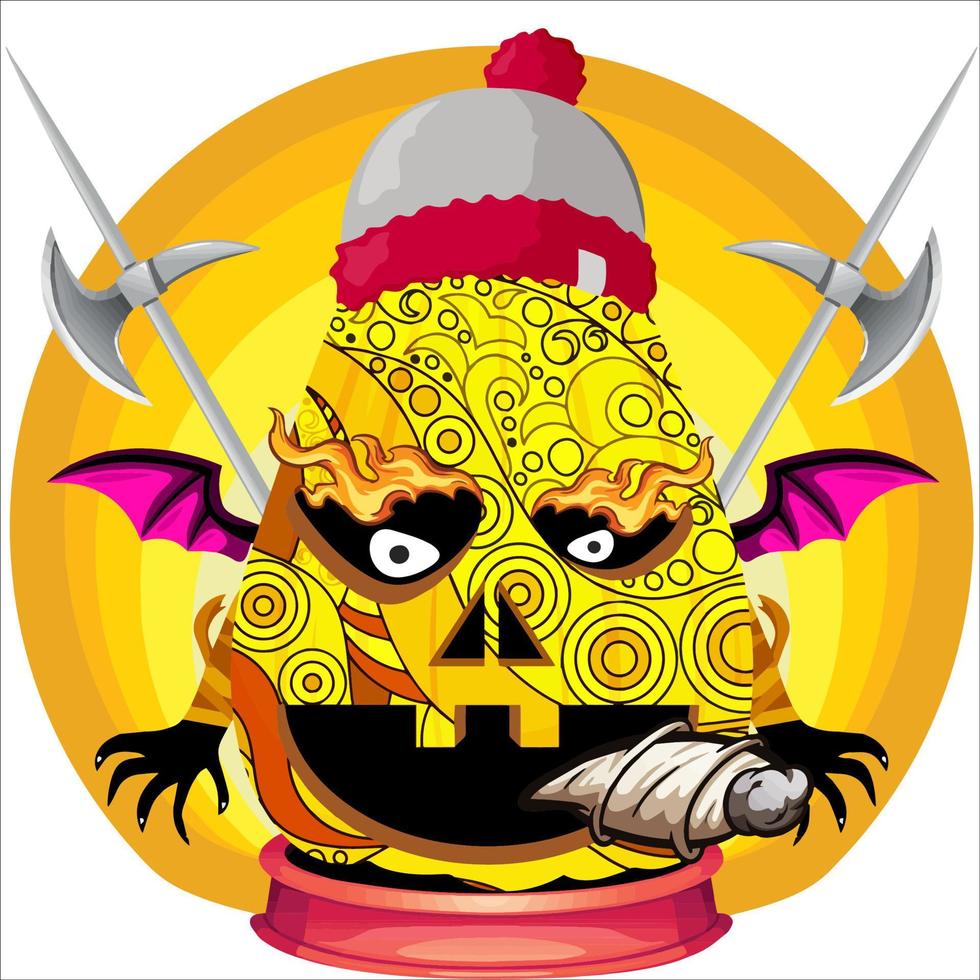 fiesta espeluznante cabeza de calabaza de halloween. cara de calabaza con arma en la espalda. adecuado para el logotipo del deporte electrónico, la camiseta y otras cosas impresas. vector