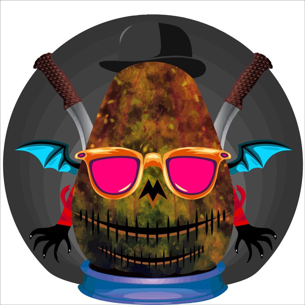 fiesta espeluznante cabeza de calabaza de halloween. cara de calabaza con arma en la espalda. adecuado para el logotipo del deporte electrónico, la camiseta y otras cosas impresas. vector