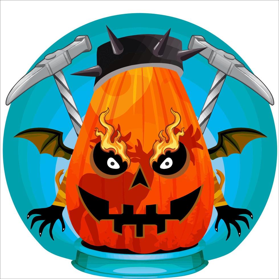 fiesta espeluznante cabeza de calabaza de halloween. cara de calabaza con arma en la espalda. adecuado para el logotipo del deporte electrónico, la camiseta y otras cosas impresas. vector