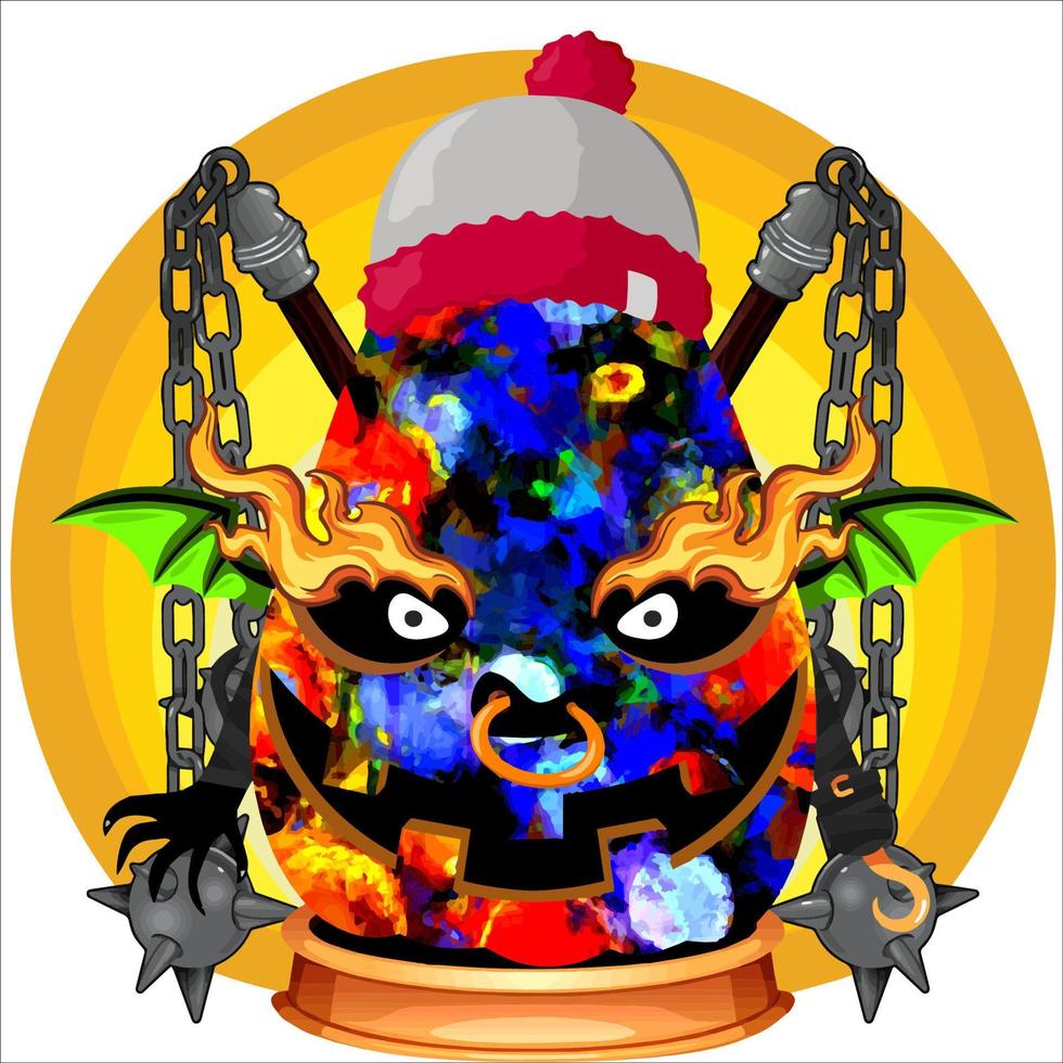 Creepy Party Halloween Pumpkin Head. Pumpkin Face with Weapon in the Behind. Suitable for E Sport Logo, T-Shirt and Others Print Stuff. vector
