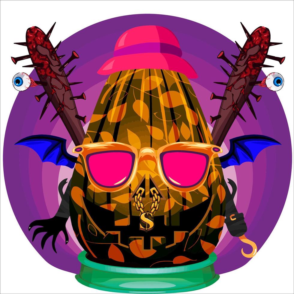 Creepy Party Halloween Pumpkin Head. Pumpkin Face with Weapon in the Behind. Suitable for E Sport Logo, T-Shirt and Others Print Stuff. vector