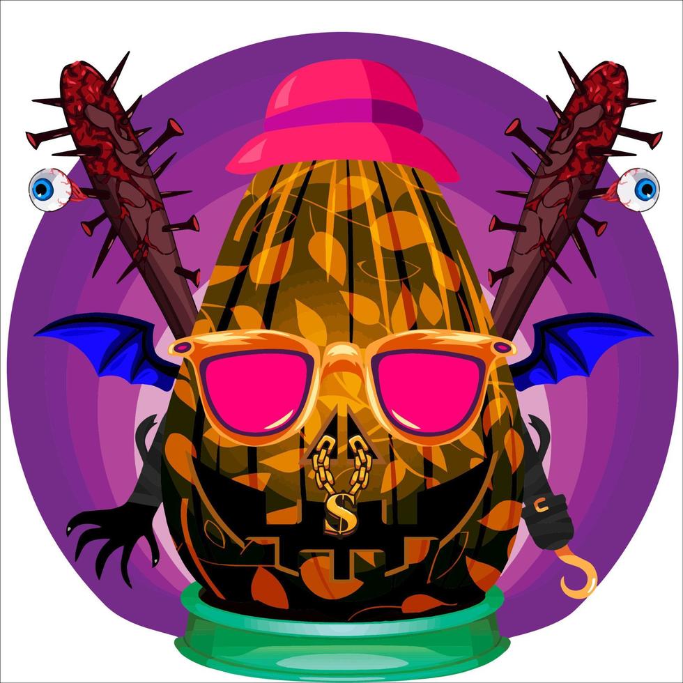 fiesta espeluznante cabeza de calabaza de halloween. cara de calabaza con arma en la espalda. adecuado para el logotipo del deporte electrónico, la camiseta y otras cosas impresas. vector