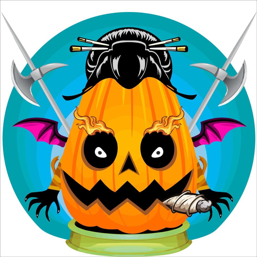 Creepy Party Halloween Pumpkin Head. Pumpkin Face with Weapon in the Behind. Suitable for E Sport Logo, T-Shirt and Others Print Stuff. vector