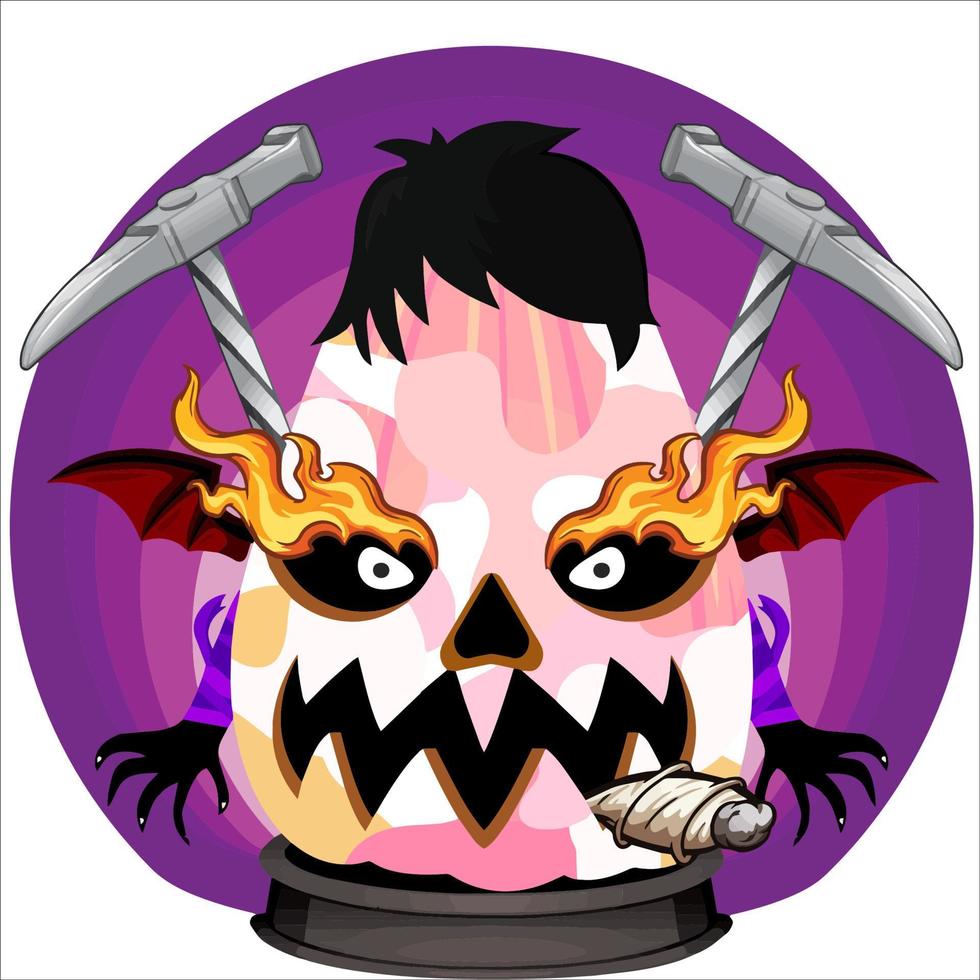 Creepy Party Halloween Pumpkin Head. Pumpkin Face with Weapon in the Behind. Suitable for E Sport Logo, T-Shirt and Others Print Stuff. vector