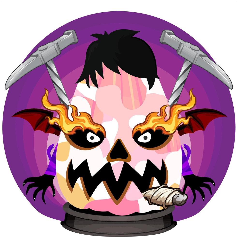 fiesta espeluznante cabeza de calabaza de halloween. cara de calabaza con arma en la espalda. adecuado para el logotipo del deporte electrónico, la camiseta y otras cosas impresas. vector