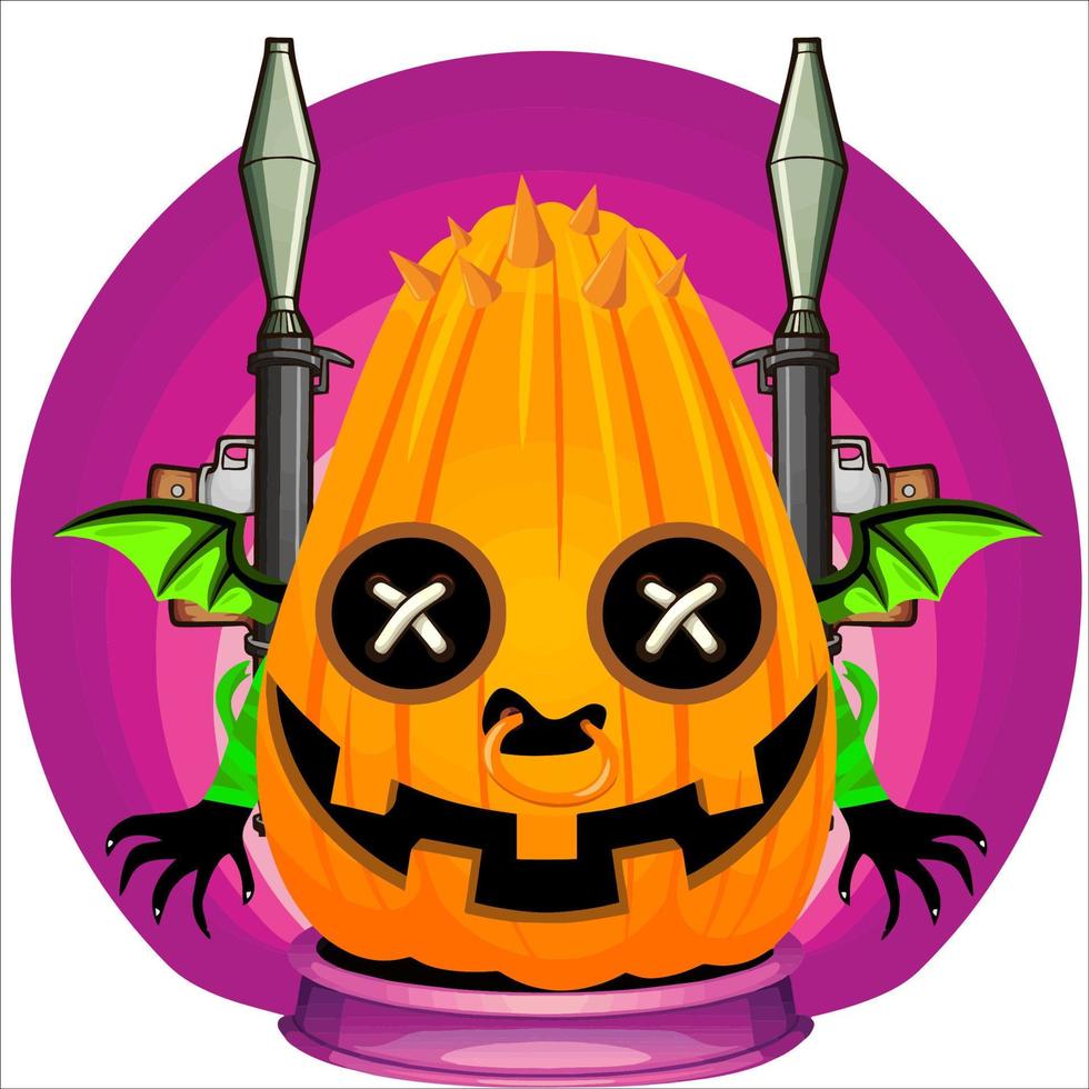 fiesta espeluznante cabeza de calabaza de halloween. cara de calabaza con arma en la espalda. adecuado para el logotipo del deporte electrónico, la camiseta y otras cosas impresas. vector