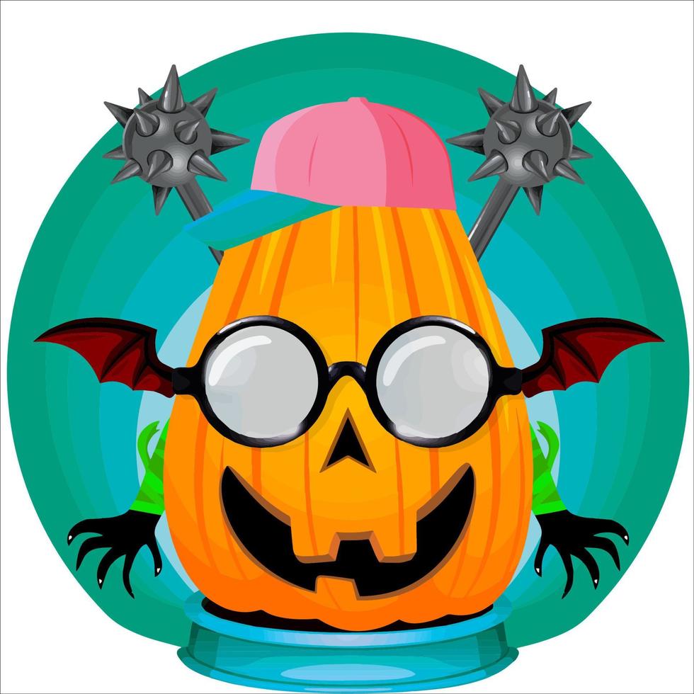 Creepy Party Halloween Pumpkin Head. Pumpkin Face with Weapon in the Behind. Suitable for E Sport Logo, T-Shirt and Others Print Stuff. vector