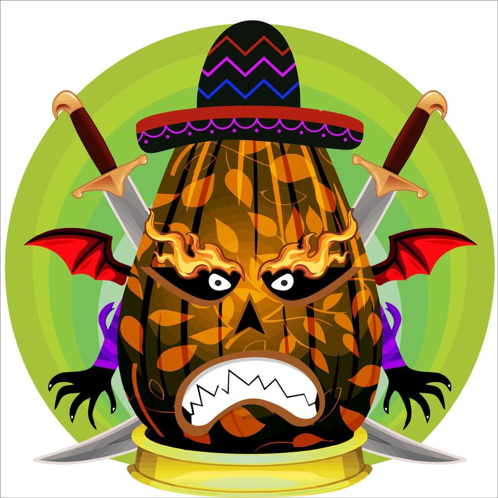 fiesta espeluznante cabeza de calabaza de halloween. cara de calabaza con arma en la espalda. adecuado para el logotipo del deporte electrónico, la camiseta y otras cosas impresas. vector