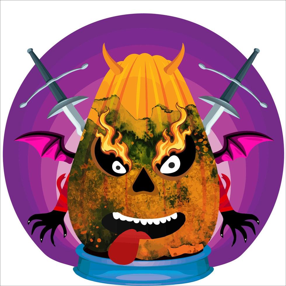 Creepy Party Halloween Pumpkin Head. Pumpkin Face with Weapon in the Behind. Suitable for E Sport Logo, T-Shirt and Others Print Stuff. vector