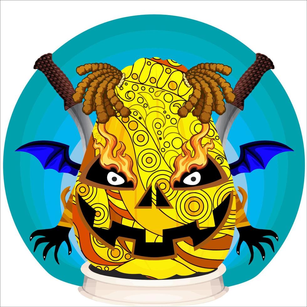 fiesta espeluznante cabeza de calabaza de halloween. cara de calabaza con arma en la espalda. adecuado para el logotipo del deporte electrónico, la camiseta y otras cosas impresas. vector