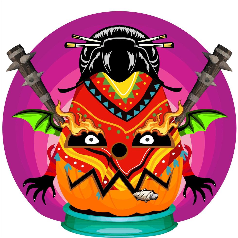 fiesta espeluznante cabeza de calabaza de halloween. cara de calabaza con arma en la espalda. adecuado para el logotipo del deporte electrónico, la camiseta y otras cosas impresas. vector