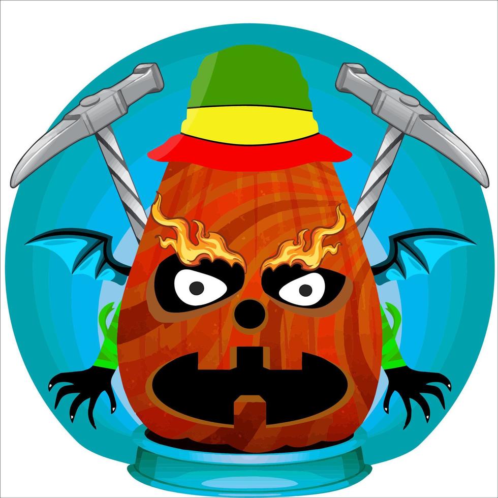 Creepy Party Halloween Pumpkin Head. Pumpkin Face with Weapon in the Behind. Suitable for E Sport Logo, T-Shirt and Others Print Stuff. vector