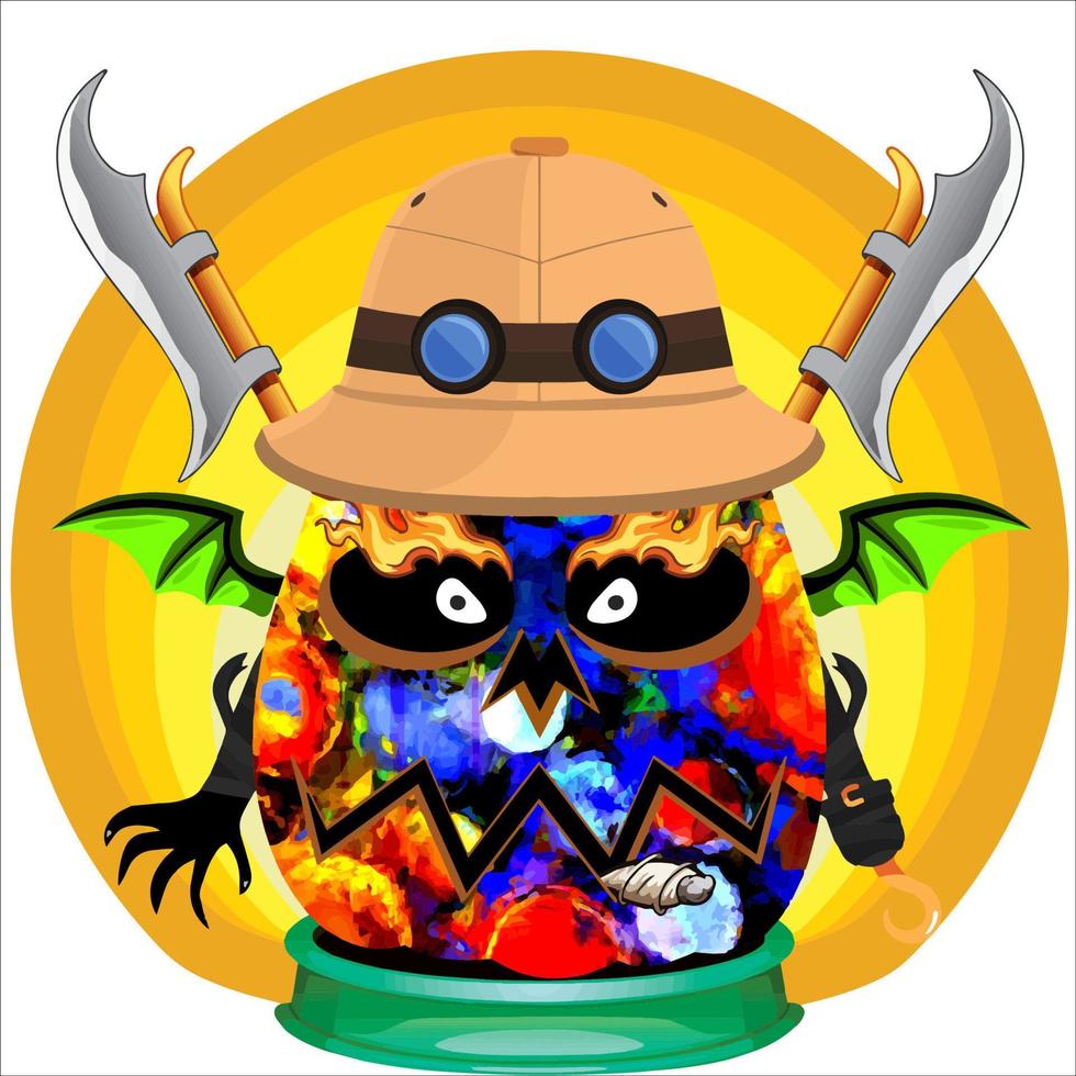 Creepy Party Halloween Pumpkin Head. Pumpkin Face with Weapon in the Behind. Suitable for E Sport Logo, T-Shirt and Others Print Stuff. vector