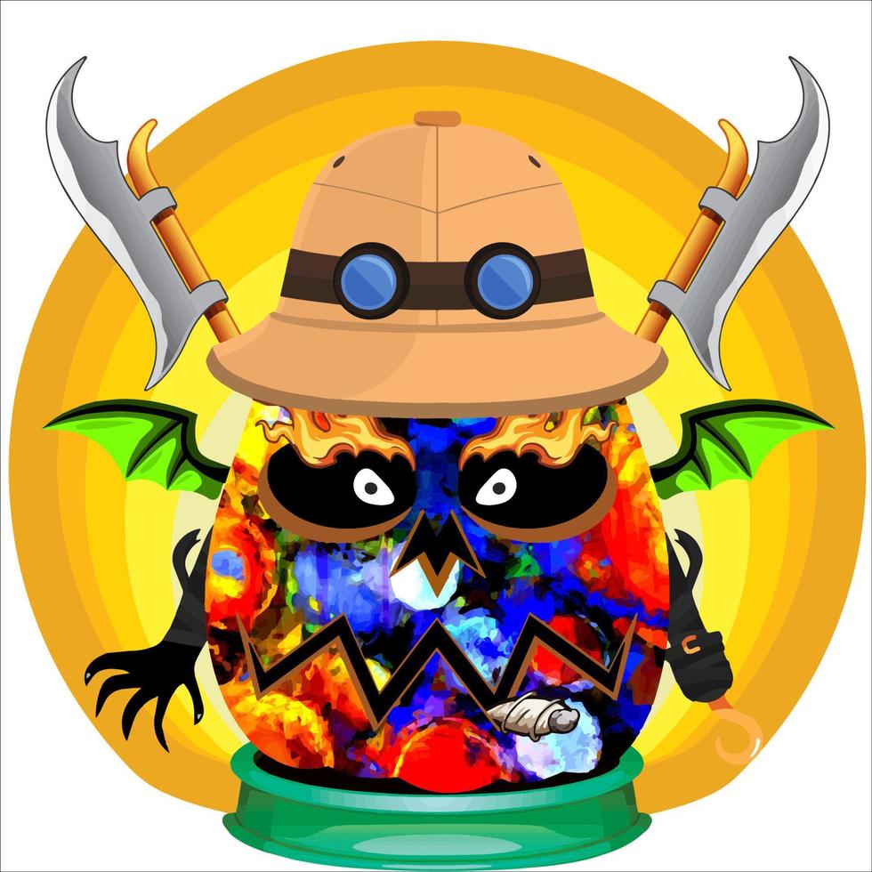 fiesta espeluznante cabeza de calabaza de halloween. cara de calabaza con arma en la espalda. adecuado para el logotipo del deporte electrónico, la camiseta y otras cosas impresas. vector