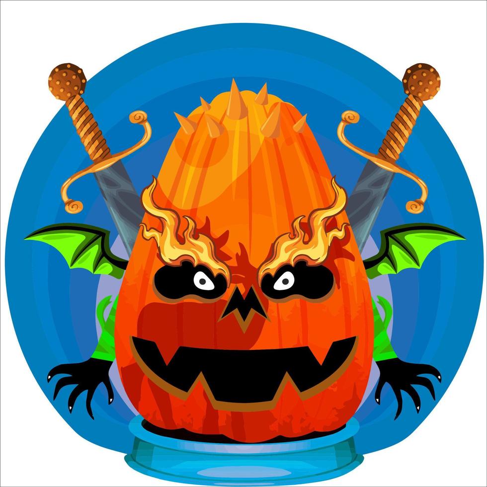 fiesta espeluznante cabeza de calabaza de halloween. cara de calabaza con arma en la espalda. adecuado para el logotipo del deporte electrónico, la camiseta y otras cosas impresas. vector