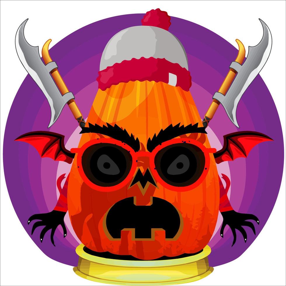 fiesta espeluznante cabeza de calabaza de halloween. cara de calabaza con arma en la espalda. adecuado para el logotipo del deporte electrónico, la camiseta y otras cosas impresas. vector