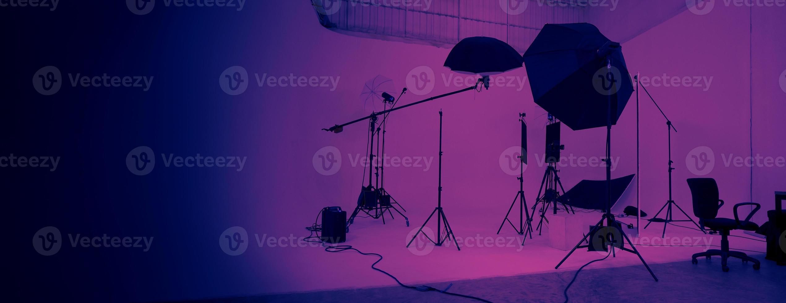 Studio video production lighting set. Behind the scenes shooting production set up photo