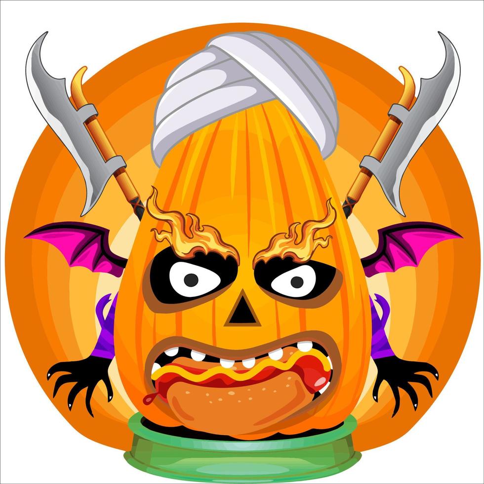 Creepy Party Halloween Pumpkin Head. Pumpkin Face with Weapon in the Behind. Suitable for E Sport Logo, T-Shirt and Others Print Stuff. vector