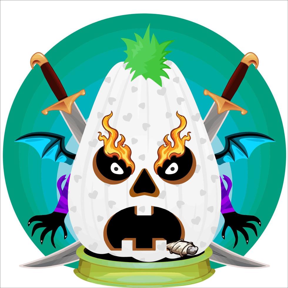 fiesta espeluznante cabeza de calabaza de halloween. cara de calabaza con arma en la espalda. adecuado para el logotipo del deporte electrónico, la camiseta y otras cosas impresas. vector