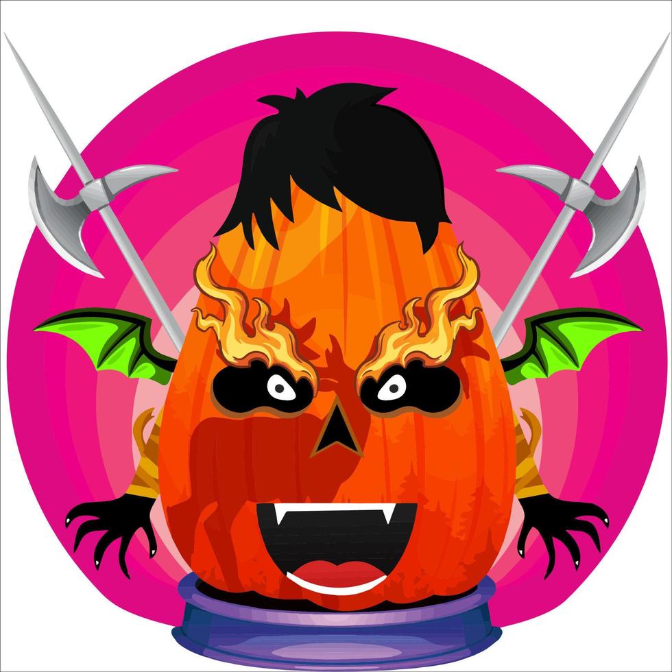 Creepy Party Halloween Pumpkin Head. Pumpkin Face with Weapon in the Behind. Suitable for E Sport Logo, T-Shirt and Others Print Stuff. vector