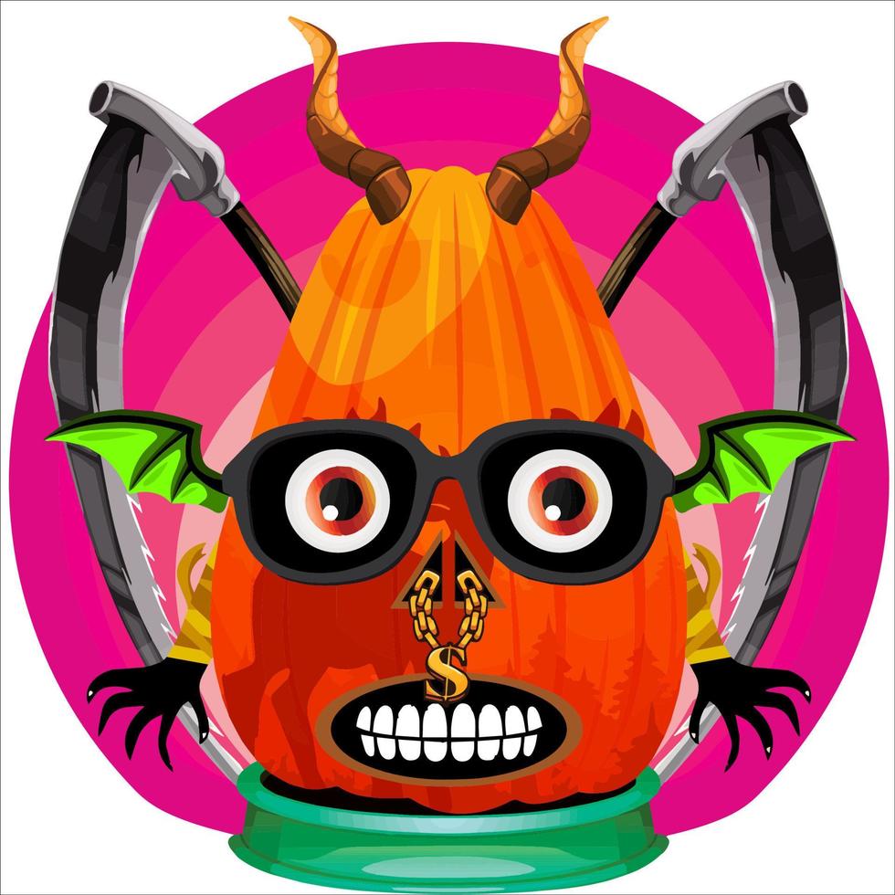 Creepy Party Halloween Pumpkin Head. Pumpkin Face with Weapon in the Behind. Suitable for E Sport Logo, T-Shirt and Others Print Stuff. vector