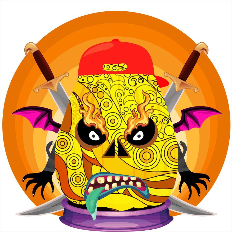 fiesta espeluznante cabeza de calabaza de halloween. cara de calabaza con arma en la espalda. adecuado para el logotipo del deporte electrónico, la camiseta y otras cosas impresas. vector