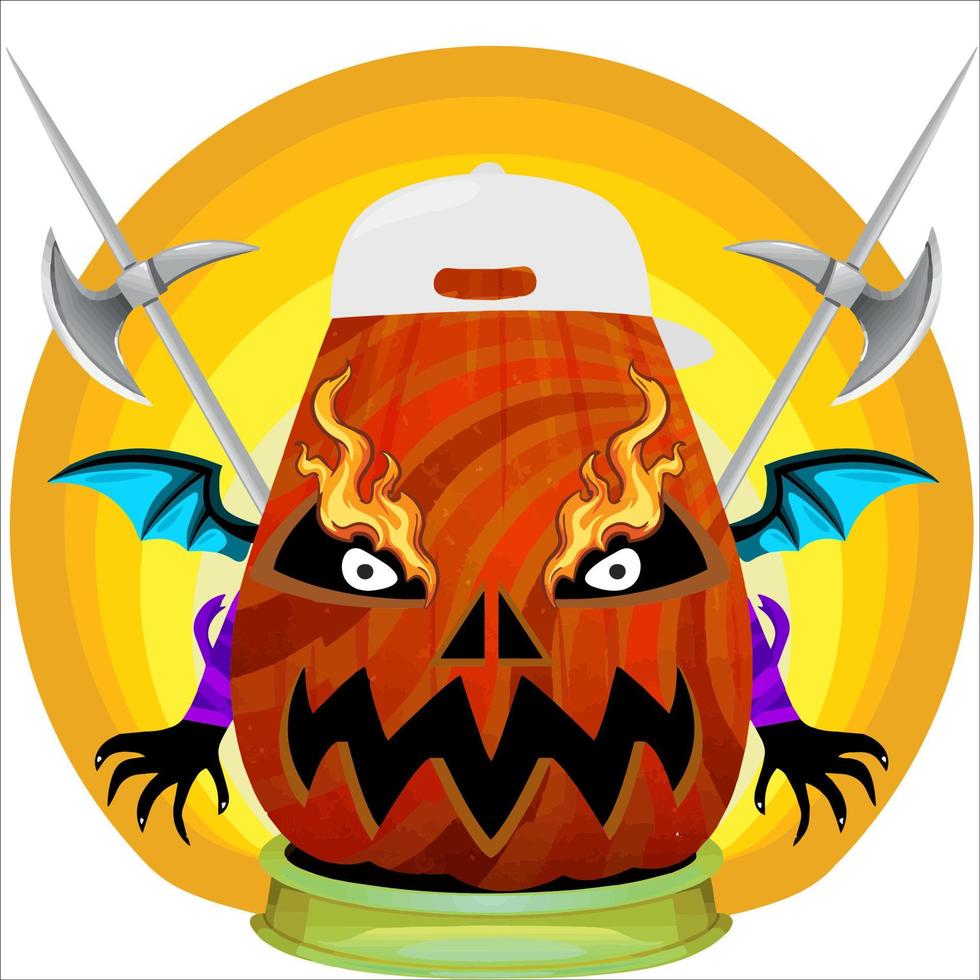 Creepy Party Halloween Pumpkin Head. Pumpkin Face with Weapon in the Behind. Suitable for E Sport Logo, T-Shirt and Others Print Stuff. vector