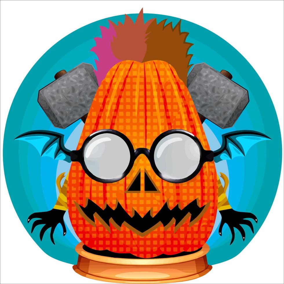 fiesta espeluznante cabeza de calabaza de halloween. cara de calabaza con arma en la espalda. adecuado para el logotipo del deporte electrónico, la camiseta y otras cosas impresas. vector