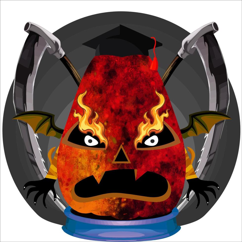 Creepy Party Halloween Pumpkin Head. Pumpkin Face with Weapon in the Behind. Suitable for E Sport Logo, T-Shirt and Others Print Stuff. vector