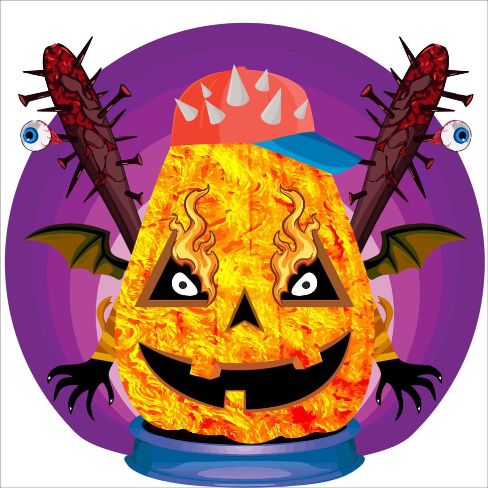 fiesta espeluznante cabeza de calabaza de halloween. cara de calabaza con arma en la espalda. adecuado para el logotipo del deporte electrónico, la camiseta y otras cosas impresas. vector