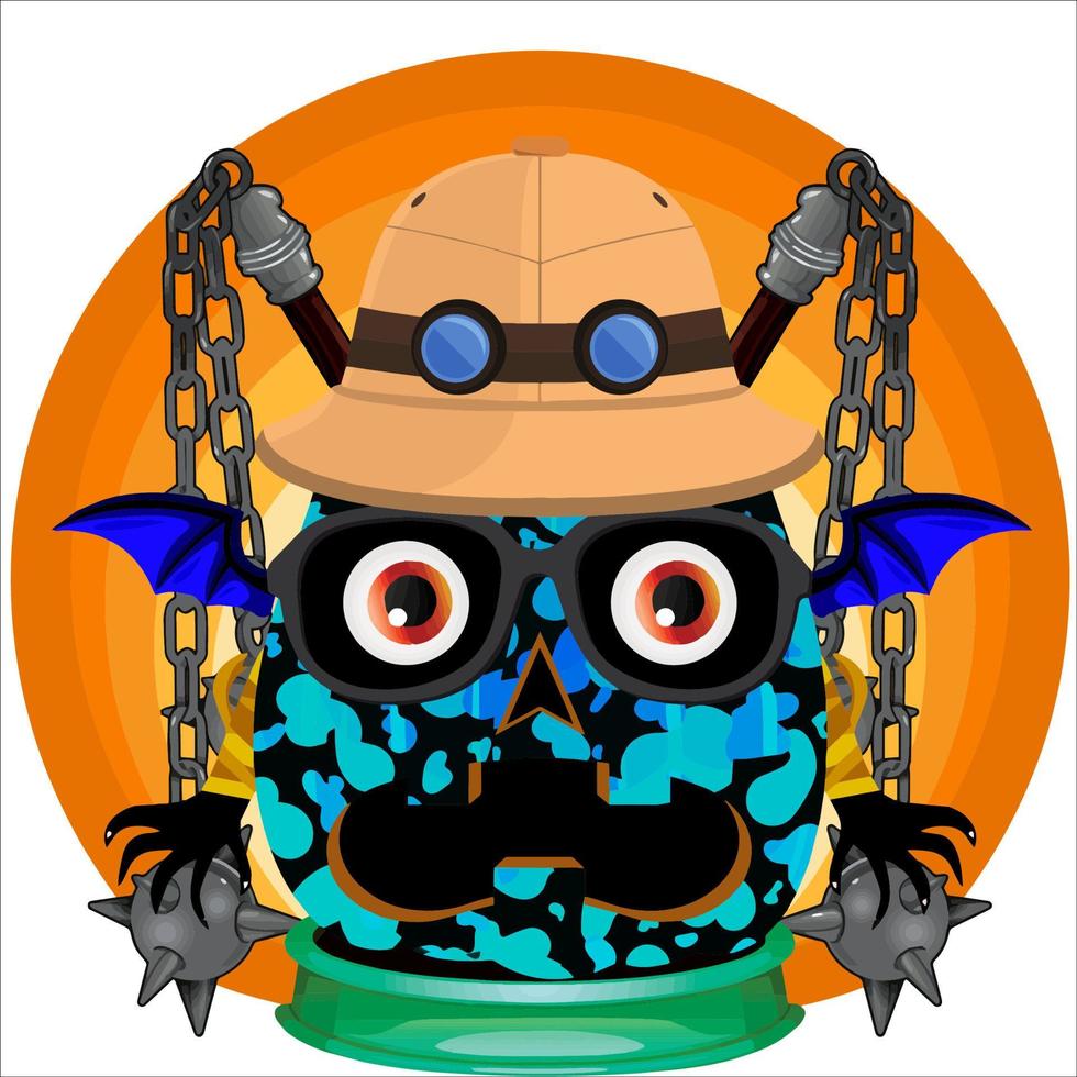 fiesta espeluznante cabeza de calabaza de halloween con arma en la parte de atrás. cara de calabaza de halloween. adecuado para el logotipo de e sport, camiseta y otros vector