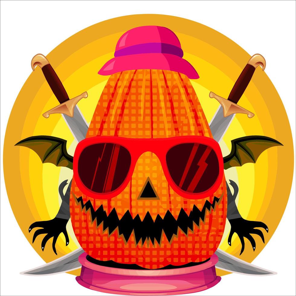 Creepy Party Halloween Pumpkin Head. Pumpkin Face with Weapon in the Behind. Suitable for E Sport Logo, T-Shirt and Others Print Stuff. vector