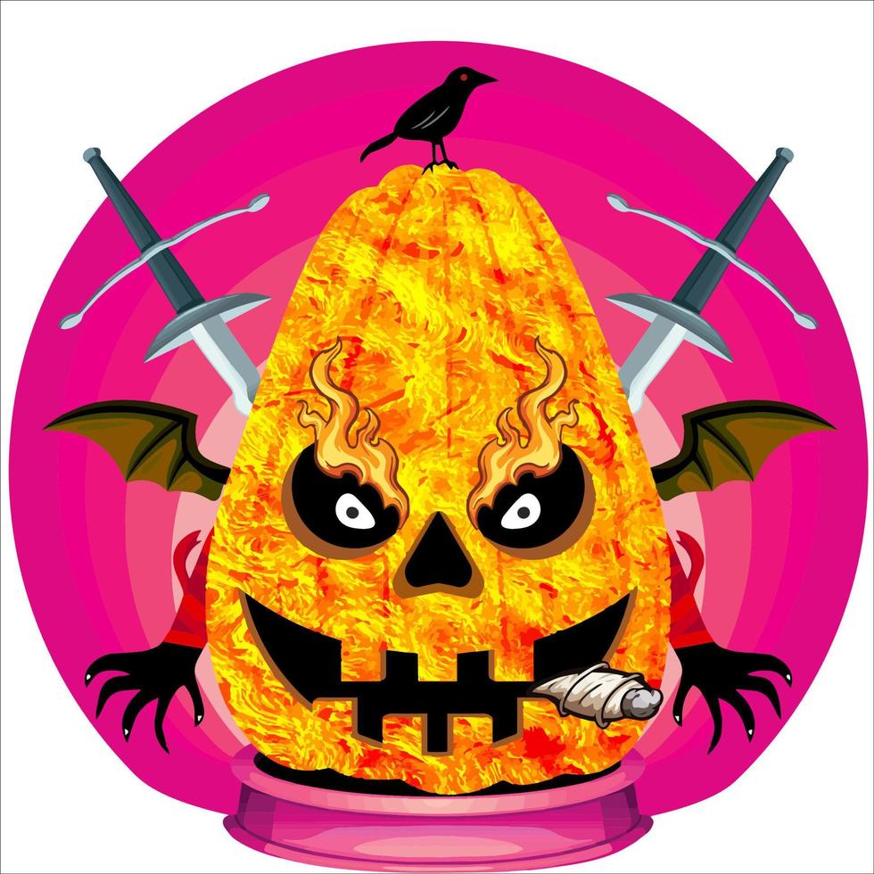 fiesta espeluznante cabeza de calabaza de halloween. cara de calabaza con arma en la espalda. adecuado para el logotipo del deporte electrónico, la camiseta y otras cosas impresas. vector